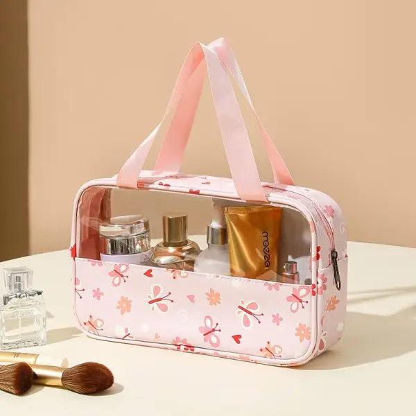 4PCS PVC Makeup Bag Flower Printed Transparent Wash Handbag Waterproof Travel Cosmetic Pouch Convenient Toiletries Bag