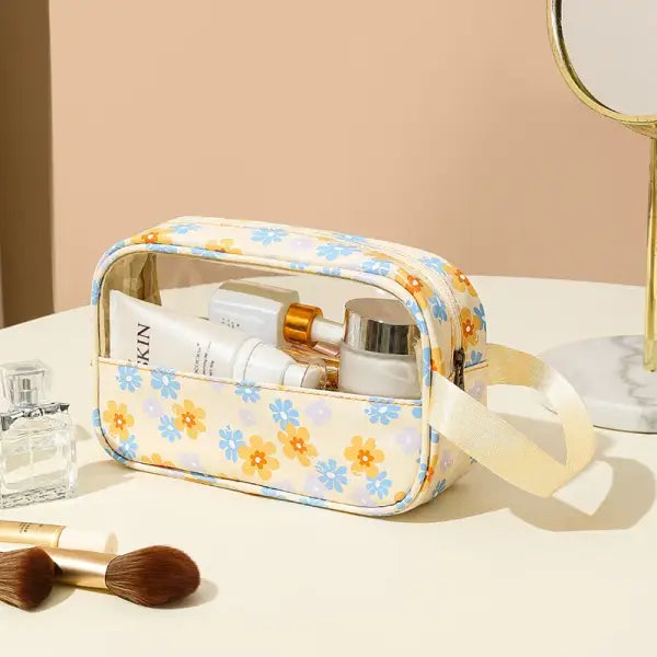 4PCS PVC Makeup Bag Flower Printed Transparent Wash Handbag Waterproof Travel Cosmetic Pouch Convenient Toiletries Bag