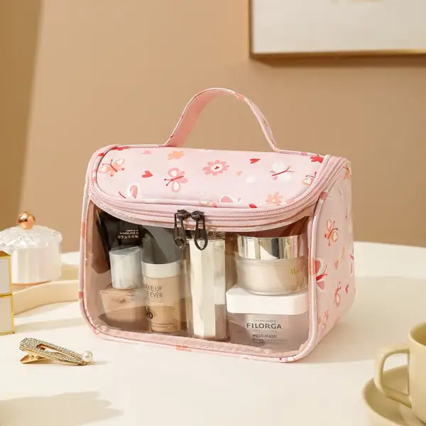 4PCS PVC Makeup Bag Flower Printed Transparent Wash Handbag Waterproof Travel Cosmetic Pouch Convenient Toiletries Bag