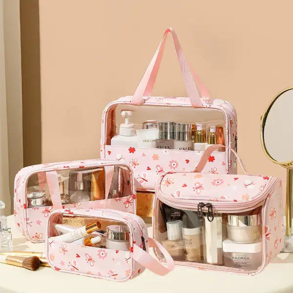 4PCS PVC Makeup Bag Flower Printed Transparent Wash Handbag Waterproof Travel Cosmetic Pouch Convenient Toiletries Bag