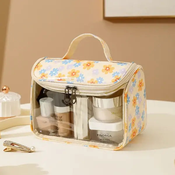 4PCS PVC Makeup Bag Flower Printed Transparent Wash Handbag Waterproof Travel Cosmetic Pouch Convenient Toiletries Bag