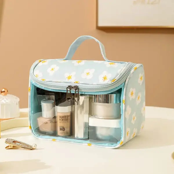 4PCS PVC Makeup Bag Flower Printed Transparent Wash Handbag Waterproof Travel Cosmetic Pouch Convenient Toiletries Bag