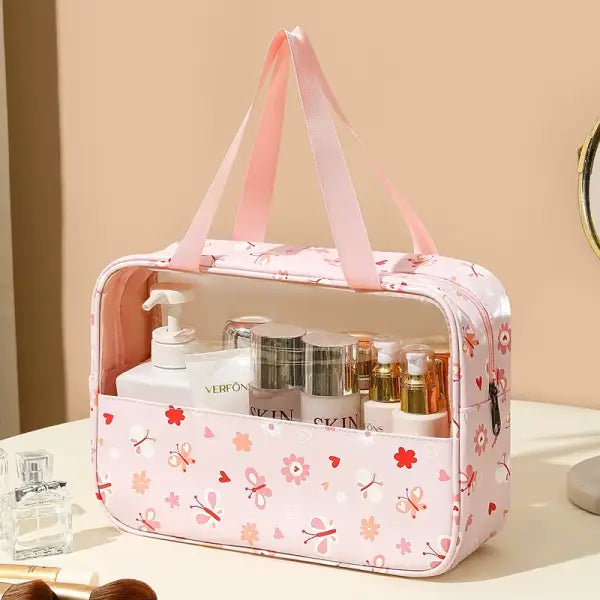 4PCS PVC Makeup Bag Flower Printed Transparent Wash Handbag Waterproof Travel Cosmetic Pouch Convenient Toiletries Bag