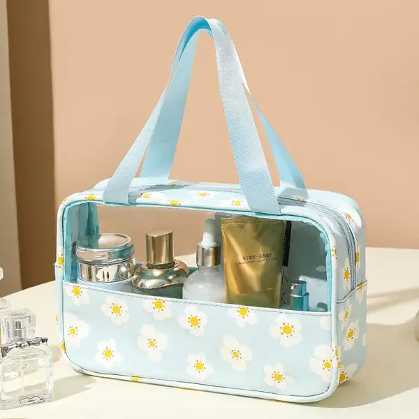 4PCS PVC Makeup Bag Flower Printed Transparent Wash Handbag Waterproof Travel Cosmetic Pouch Convenient Toiletries Bag