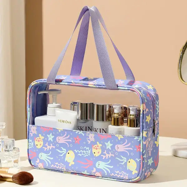 4PCS PVC Makeup Bag Flower Printed Transparent Wash Handbag Waterproof Travel Cosmetic Pouch Convenient Toiletries Bag