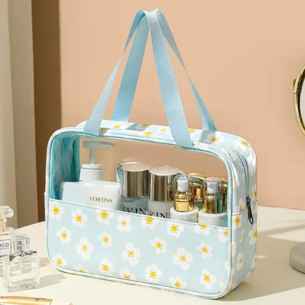 4PCS PVC Makeup Bag Flower Printed Transparent Wash Handbag Waterproof Travel Cosmetic Pouch Convenient Toiletries Bag