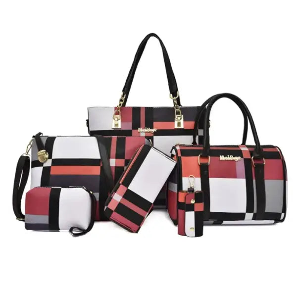 Fashion Luxury Women Large Capacity 6 in1 Shoulder Bag PU Leather Female Plaid Color 6 Pcs Set Retro Tote Handbag