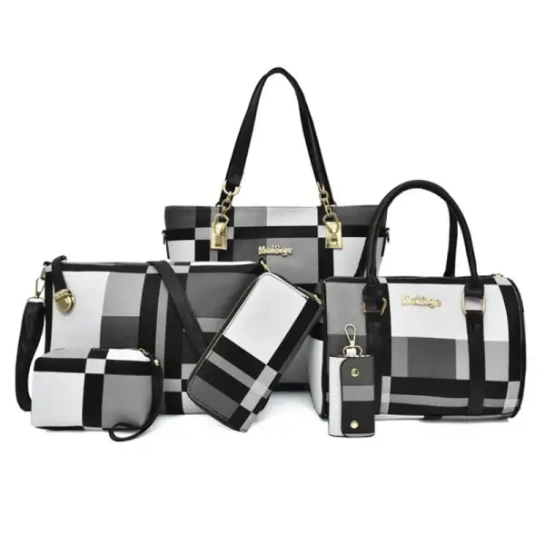 Fashion Luxury Women Large Capacity 6 in1 Shoulder Bag PU Leather Female Plaid Color 6 Pcs Set Retro Tote Handbag