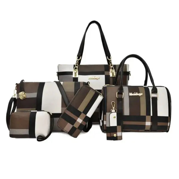 Fashion Luxury Women Large Capacity 6 in1 Shoulder Bag PU Leather Female Plaid Color 6 Pcs Set Retro Tote Handbag