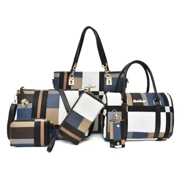 Fashion Luxury Women Large Capacity 6 in1 Shoulder Bag PU Leather Female Plaid Color 6 Pcs Set Retro Tote Handbag