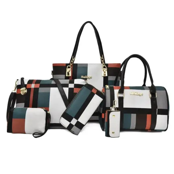Fashion Luxury Women Large Capacity 6 in1 Shoulder Bag PU Leather Female Plaid Color 6 Pcs Set Retro Tote Handbag