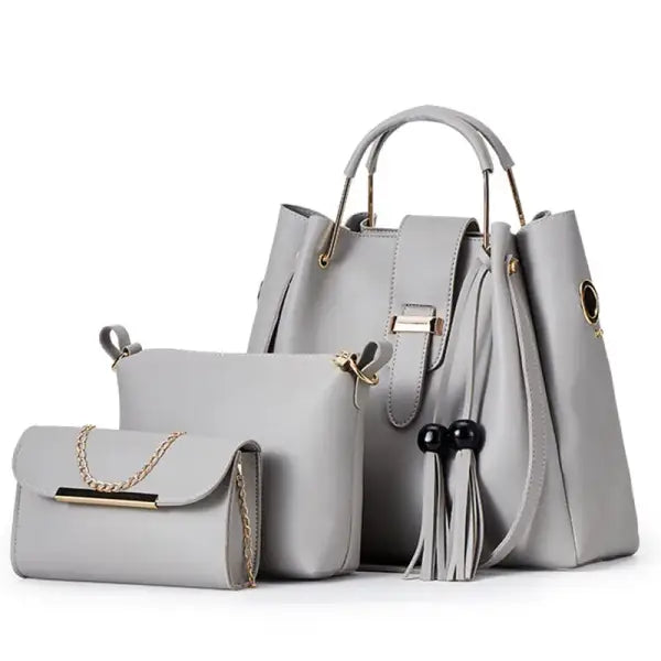 Fashion Women Bucket Handbag Large Capacity PU Leather Shoulder Bag Female Wild 3 Pcs Set Retro Tote Tassel Messenger