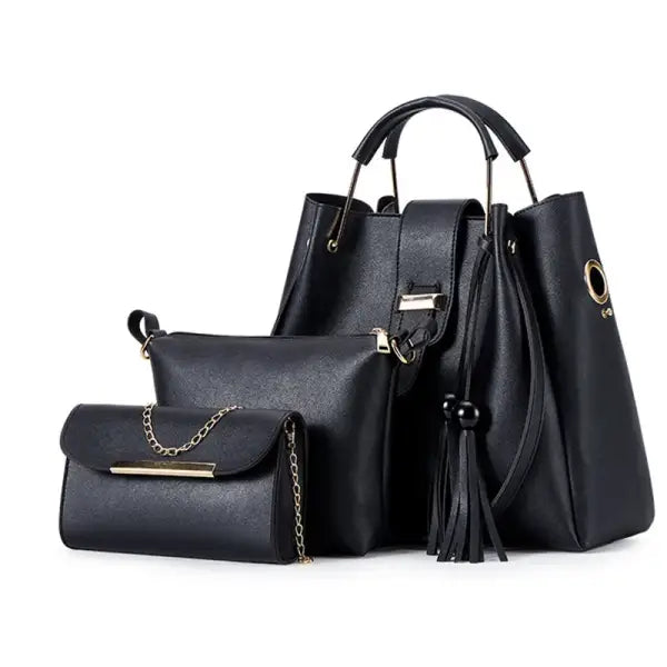 Fashion Women Bucket Handbag Large Capacity PU Leather Shoulder Bag Female Wild 3 Pcs Set Retro Tote Tassel Messenger