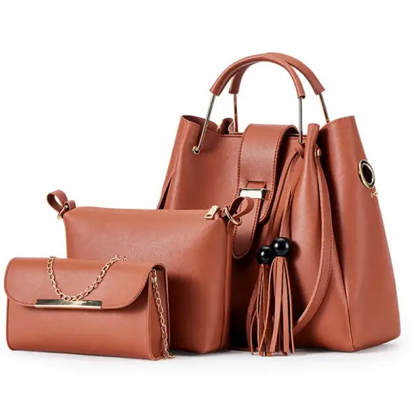 Fashion Women Bucket Handbag Large Capacity PU Leather Shoulder Bag Female Wild 3 Pcs Set Retro Tote Tassel Messenger