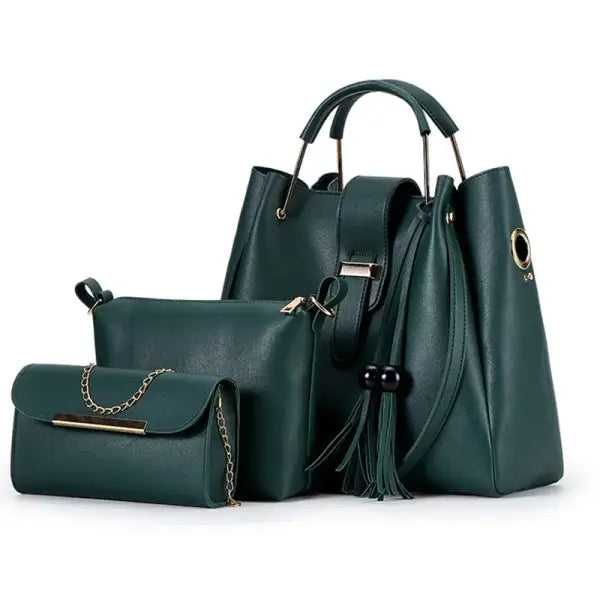 Fashion Women Bucket Handbag Large Capacity PU Leather Shoulder Bag Female Wild 3 Pcs Set Retro Tote Tassel Messenger