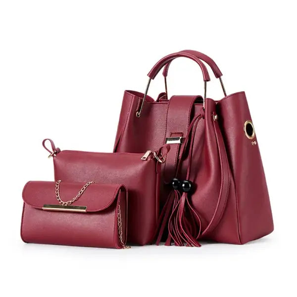 Fashion Women Bucket Handbag Large Capacity PU Leather Shoulder Bag Female Wild 3 Pcs Set Retro Tote Tassel Messenger