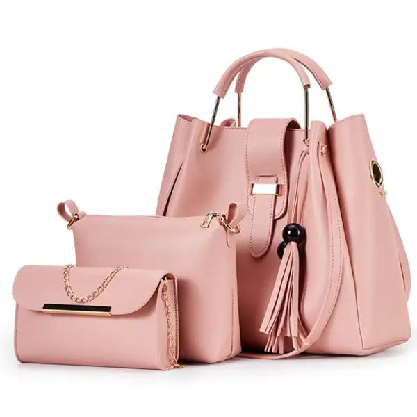 Fashion Women Bucket Handbag Large Capacity PU Leather Shoulder Bag Female Wild 3 Pcs Set Retro Tote Tassel Messenger