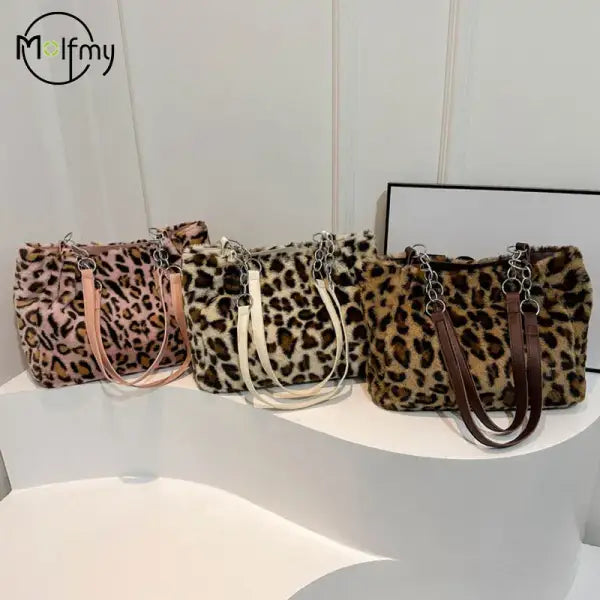 Plush Shoulder Underarm Handbag Women Leopard Tote Bags Lady Luxury Fluffy Shoulder Bag Chain Large Capacity Commuter