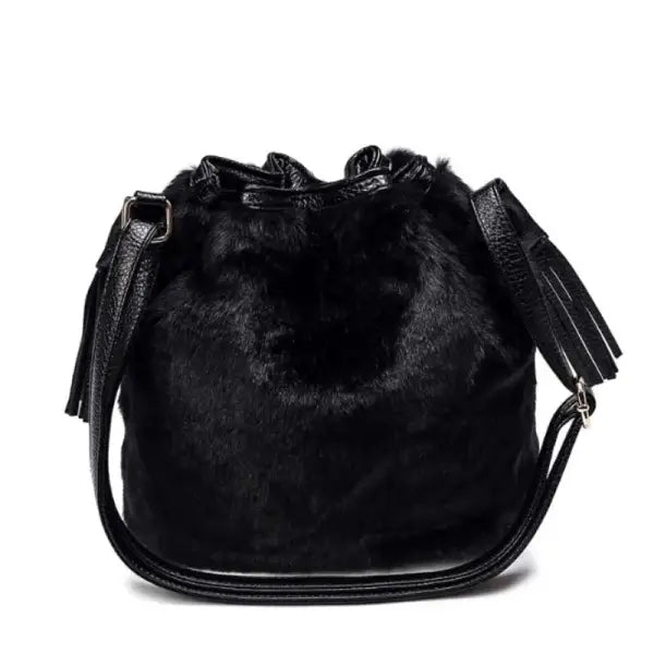 Women Winter Fashion Shoulder Bag Small Furry Faux Fur Bucket Drawstring Hand Bag Girls Purse Cross Body Bag with Pom