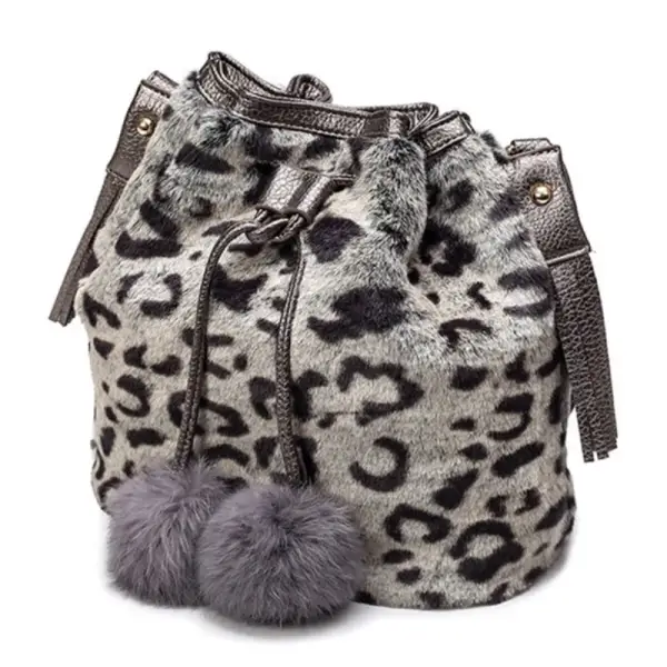 Women Winter Fashion Shoulder Bag Small Furry Faux Fur Bucket Drawstring Hand Bag Girls Purse Cross Body Bag with Pom