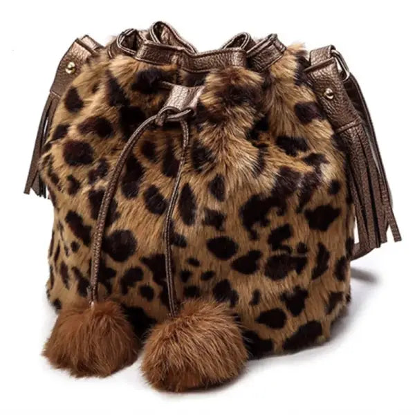 Women Winter Fashion Shoulder Bag Small Furry Faux Fur Bucket Drawstring Hand Bag Girls Purse Cross Body Bag with Pom