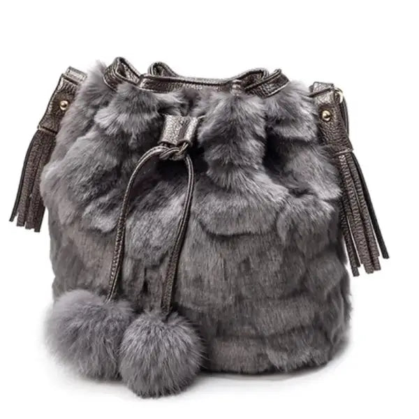 Women Winter Fashion Shoulder Bag Small Furry Faux Fur Bucket Drawstring Hand Bag Girls Purse Cross Body Bag with Pom