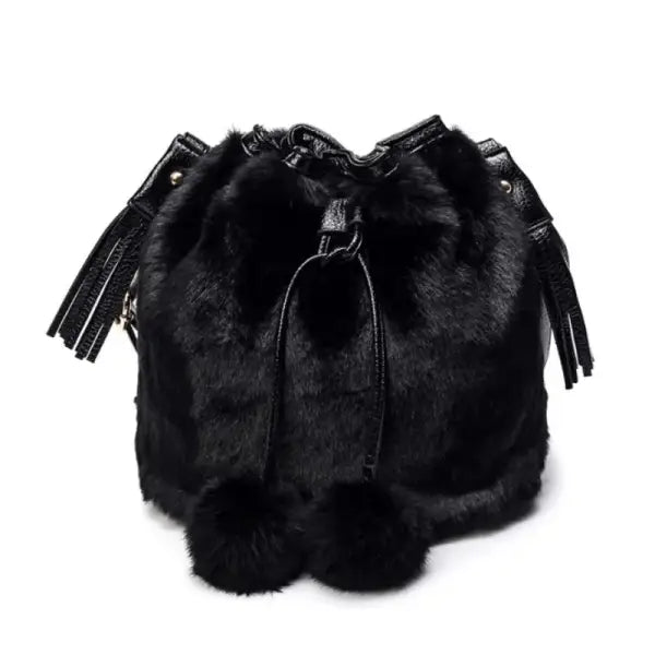 Women Winter Fashion Shoulder Bag Small Furry Faux Fur Bucket Drawstring Hand Bag Girls Purse Cross Body Bag with Pom