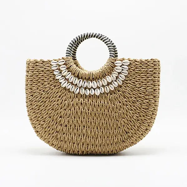 Women’s Handbag Handmade Drawstring Straw Bag Summer Woven Shell Large Capacity Beach Bag Bohemia Female Knitted