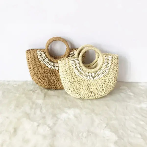 Women’s Handbag Handmade Drawstring Straw Bag Summer Woven Shell Large Capacity Beach Bag Bohemia Female Knitted