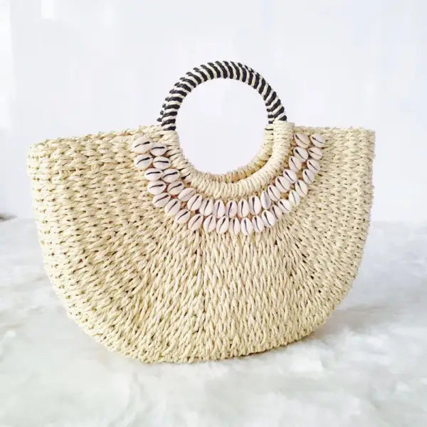 Women’s Handbag Handmade Drawstring Straw Bag Summer Woven Shell Large Capacity Beach Bag Bohemia Female Knitted