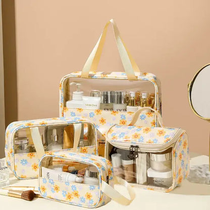 4PCS PVC Makeup Bag Flower Printed Transparent Wash Handbag Waterproof Travel Cosmetic Pouch Convenient Toiletries Bag
