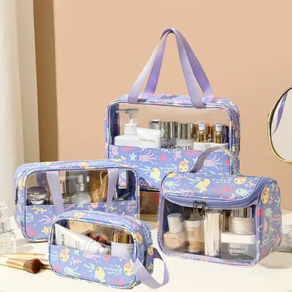 4PCS PVC Makeup Bag Flower Printed Transparent Wash Handbag Waterproof Travel Cosmetic Pouch Convenient Toiletries Bag