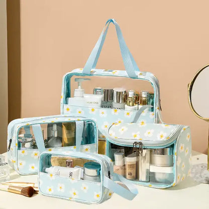 4PCS PVC Makeup Bag Flower Printed Transparent Wash Handbag Waterproof Travel Cosmetic Pouch Convenient Toiletries Bag