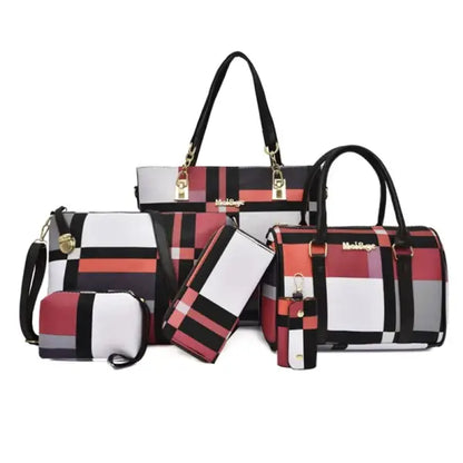 Fashion Luxury Women Large Capacity 6 in1 Shoulder Bag PU Leather Female Plaid Color 6 Pcs Set Retro Tote Handbag