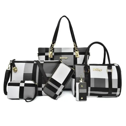 Fashion Luxury Women Large Capacity 6 in1 Shoulder Bag PU Leather Female Plaid Color 6 Pcs Set Retro Tote Handbag
