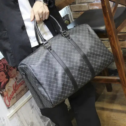 Fashion Men Travel Tote Bags Leather Plaid Trips Handbags Travel Duffle Black Shoulder Bags For Male - black