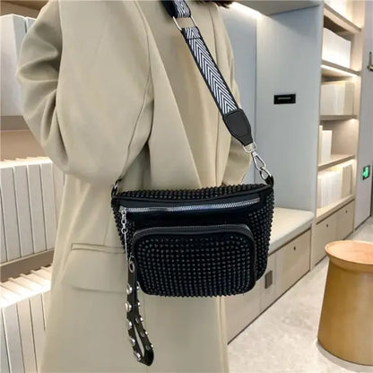 Fashionable Sling Waist Pack for Women PU Leather Rhinestone Crossbody Bag Perfect for Travel and Outdoor Activities