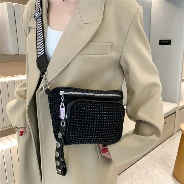 Fashionable Sling Waist Pack for Women PU Leather Rhinestone Crossbody Bag Perfect for Travel and Outdoor Activities