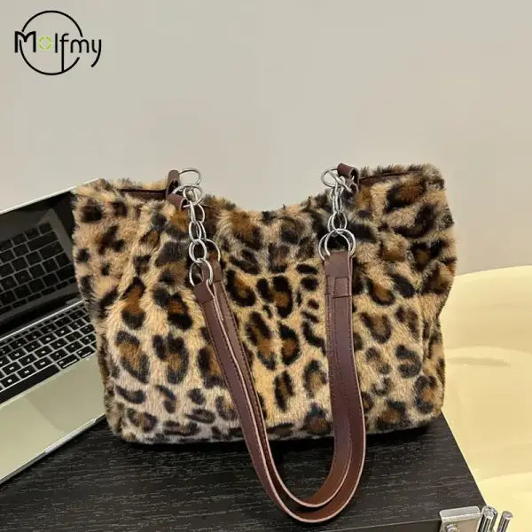 Plush Shoulder Underarm Handbag Women Leopard Tote Bags Lady Luxury Fluffy Shoulder Bag Chain Large Capacity Commuter