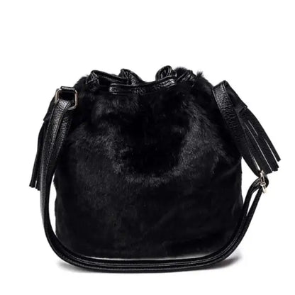 Women Winter Fashion Shoulder Bag Small Furry Faux Fur Bucket Drawstring Hand Bag Girls Purse Cross Body Bag with Pom