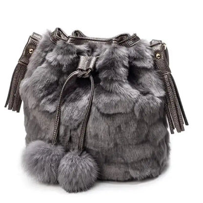 Women Winter Fashion Shoulder Bag Small Furry Faux Fur Bucket Drawstring Hand Bag Girls Purse Cross Body Bag with Pom