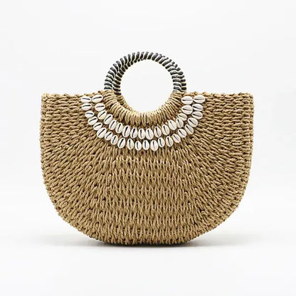 Women’s Handbag Handmade Drawstring Straw Bag Summer Woven Shell Large Capacity Beach Bag Bohemia Female Knitted